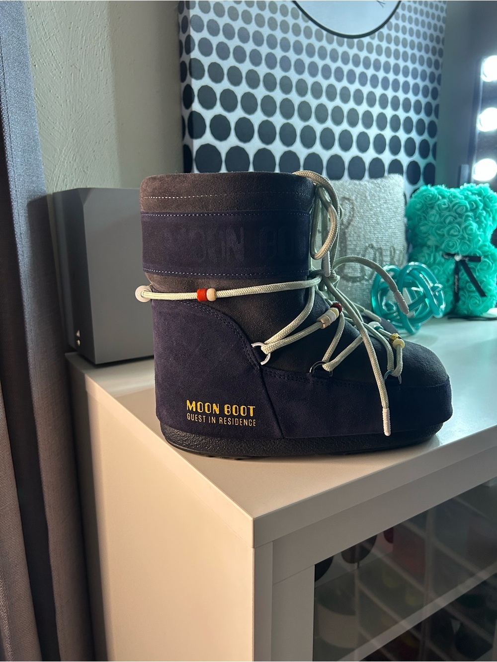 Moon Boot Navy Suede Lace-Up Winter Boot with Cream Laces